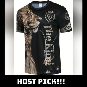Men's T Shirt Lion The King Black Short Sleeve Novelty Tee Breathable Size 3XL